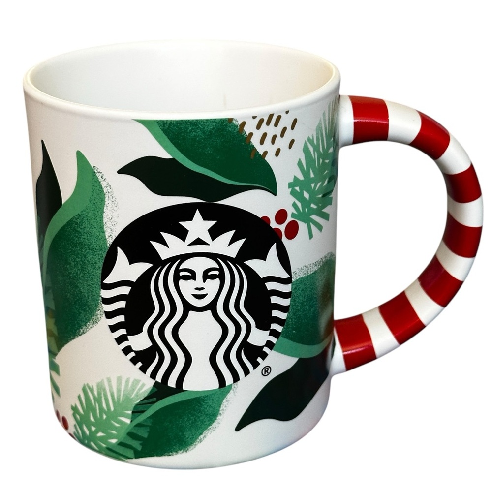 2019 Starbucks Christmas Holiday Holly Candy Cane Striped Handle Coffee Mug 12oz
